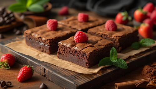 Close-up of brownie dessert on plate.