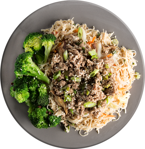 Athlete Pork Egg Roll Plate With Rice Noodles Broccoli