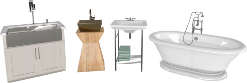 A Farmhouse Kitchen Sink Alongside Two Styles Of Bathroom Sink