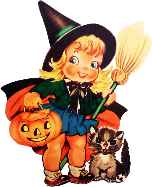 Witch Girl With Cat Halloween Vintage Card Cute