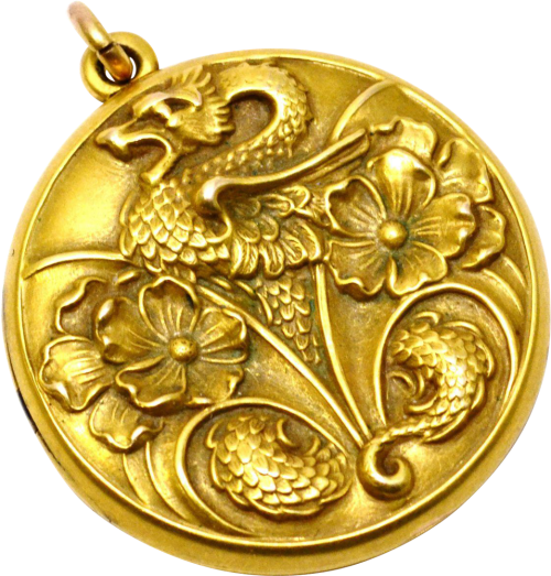 Antique Victorian 14k Gold Dragon And Flowers Repousse Brass