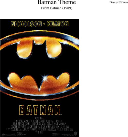 Batman Theme Sheet Music For Flute, Clarinet, Piano, Batman 1989 Movie Poster